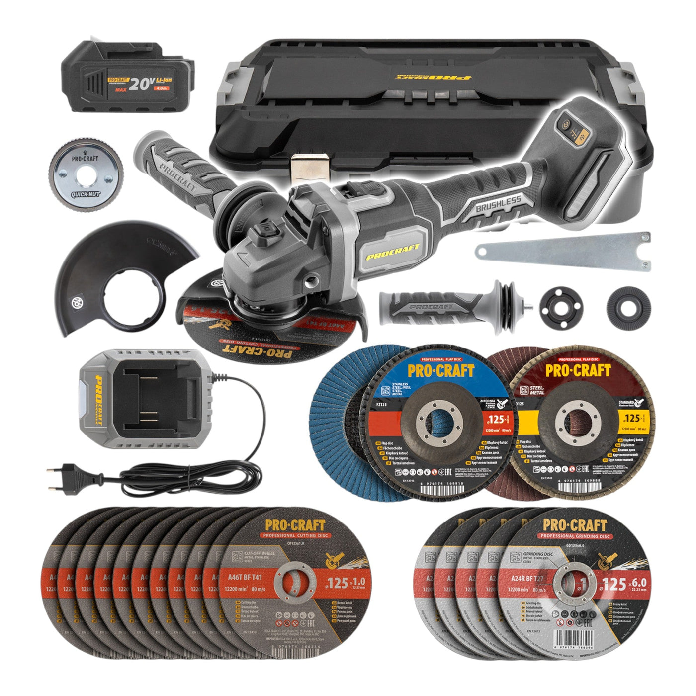 Procraft Industrial SAG125B-CD Akku Winkelschleifer 20 V 125 mm Brushless + 1x Akku 4,0 Ah + Ladegerät + Koffer
