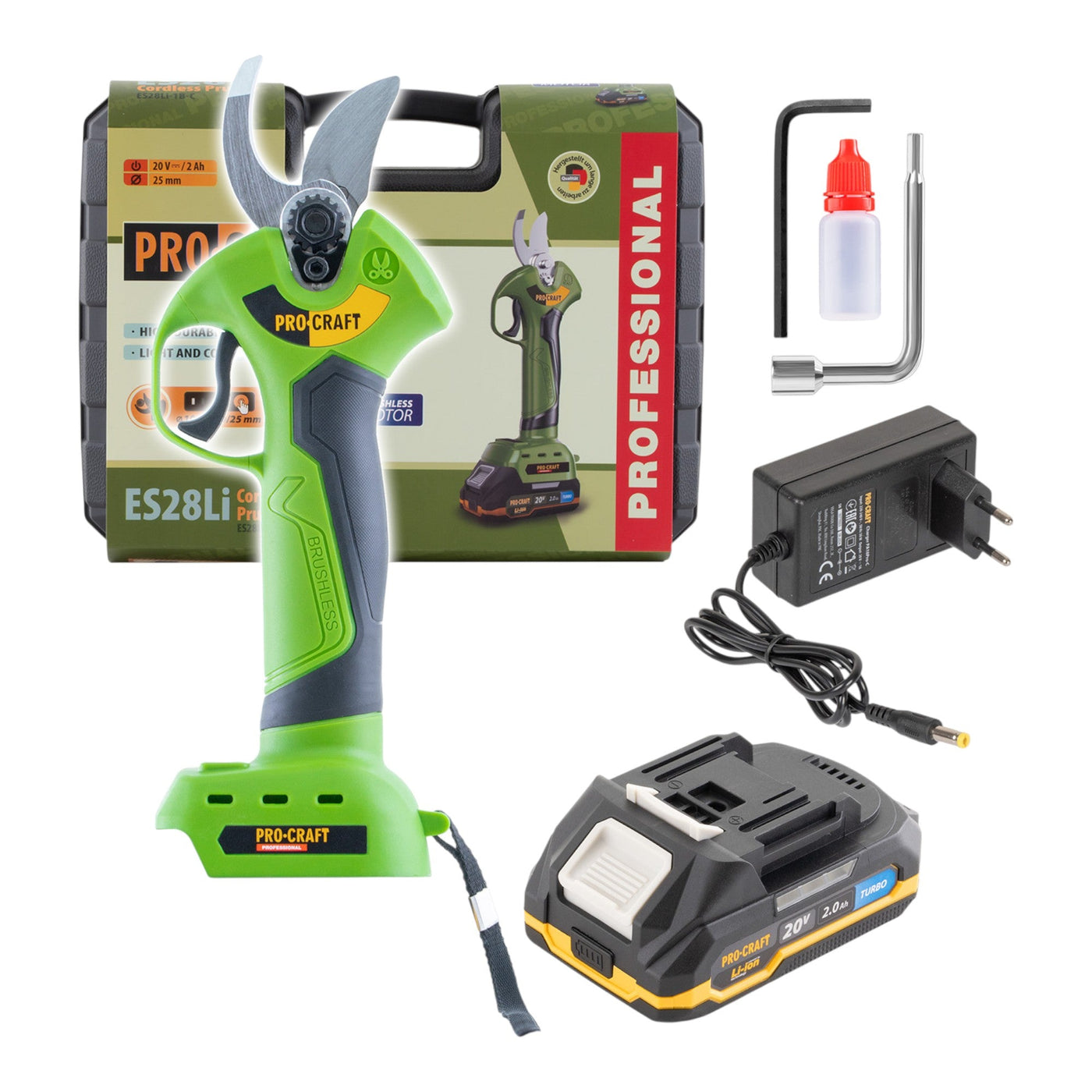 Procraft ES28Li Akku Astschere 20 V Brushless + 1x Akku 2,0 Ah + Ladegerät + Koffer