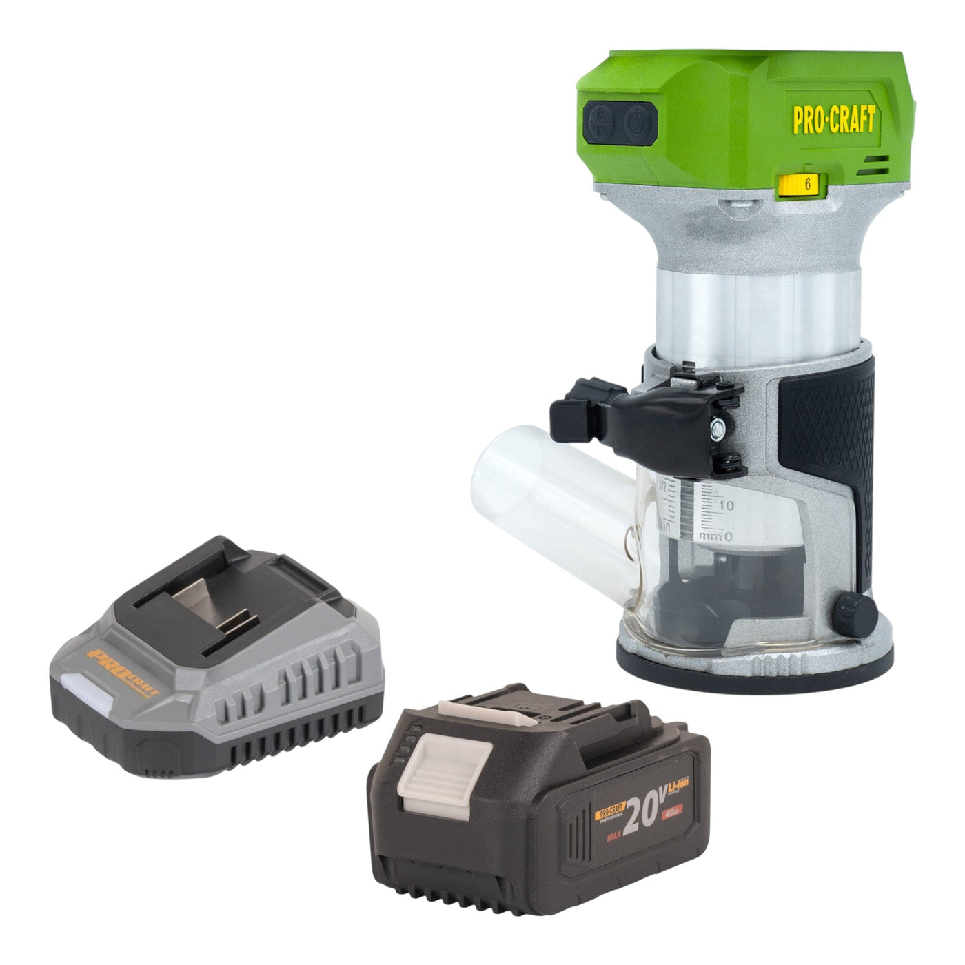 Procraft POB24bb Akku Multifunktionsfräse 20 V 6 / 8 mm Brushless + 1x Akku 4,0 Ah + Ladegerät