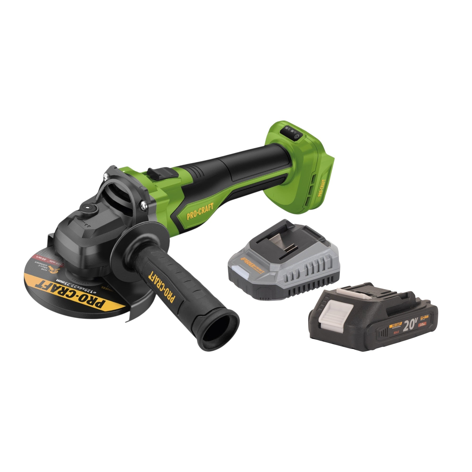 Procraft PGA22-BB Akku Winkelschleifer 20 V 125 mm Brushless + 1x Akku 2,0 Ah + Ladegerät