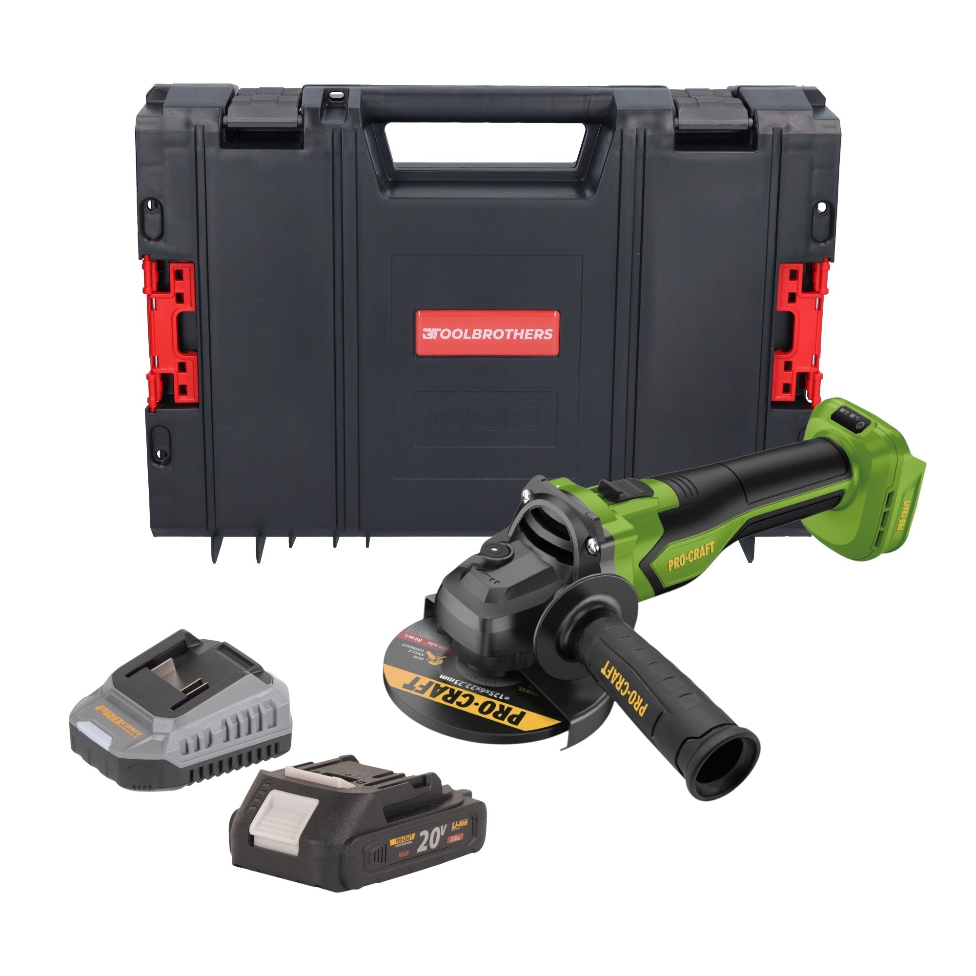 Procraft PGA22-BB Akku Winkelschleifer 20 V 125 mm Brushless + 1x Akku 2,0 Ah + Ladegerät + RHINO Toolcase