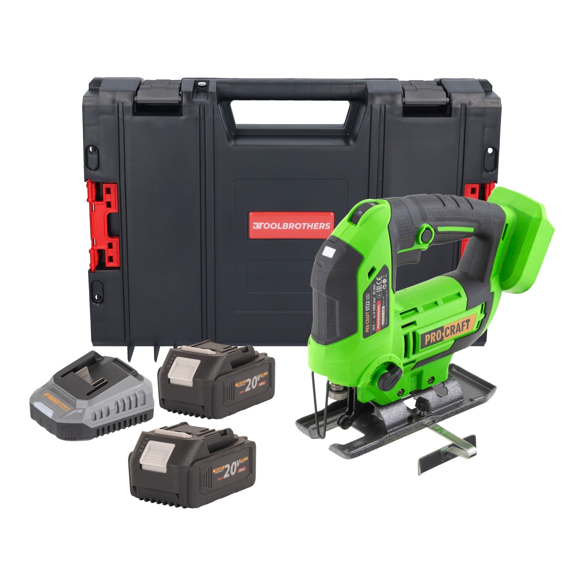 Procraft ST22 Akku Stichsäge 20 V 80 mm Brushless + 2x Akku 4,0 Ah + Ladegerät + RHINO Toolcase