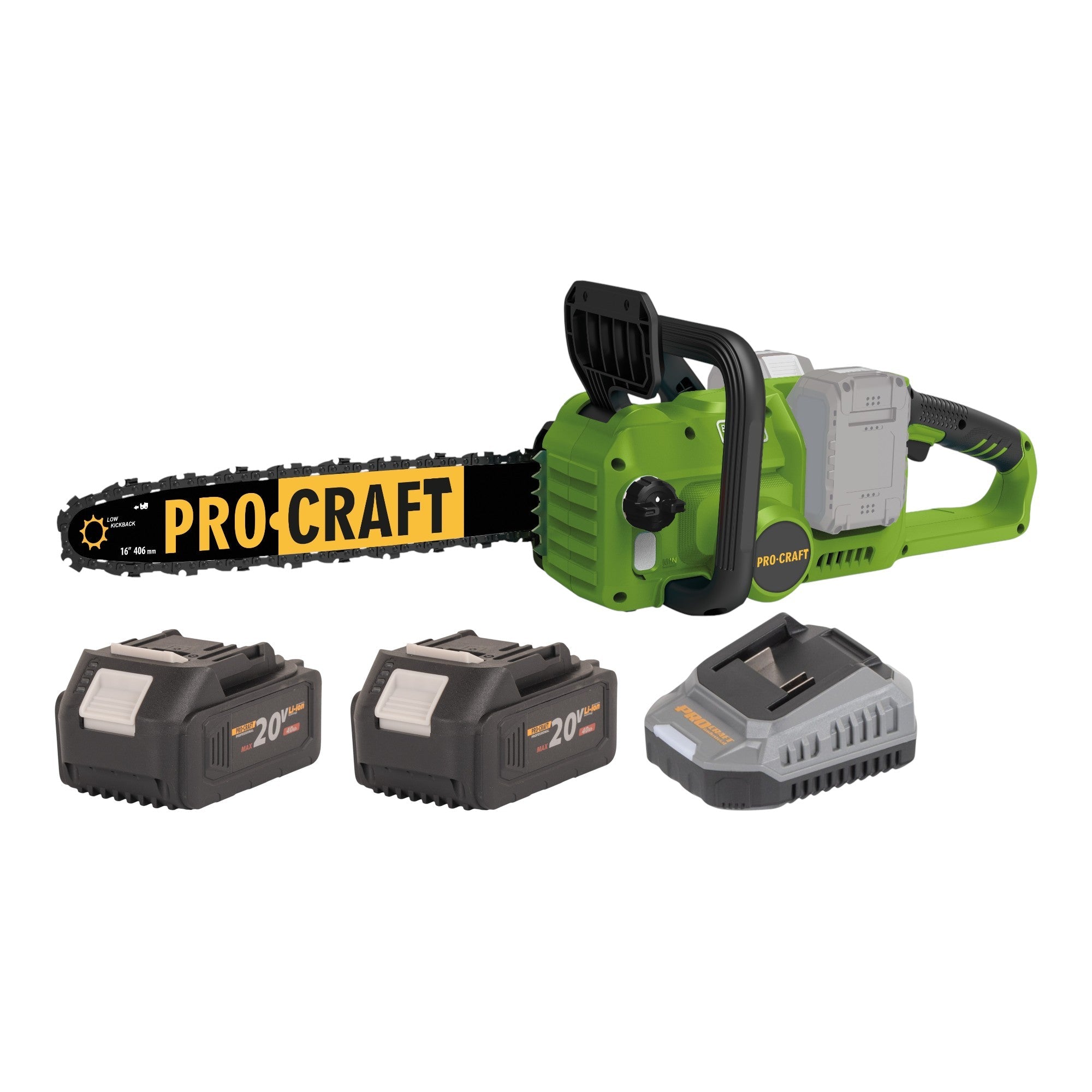 Procraft PCA42/2 Akku Kettensäge 40 V ( 2x 20 V ) 406 mm Brushless + 2x Akku 4,0 Ah + Ladegerät