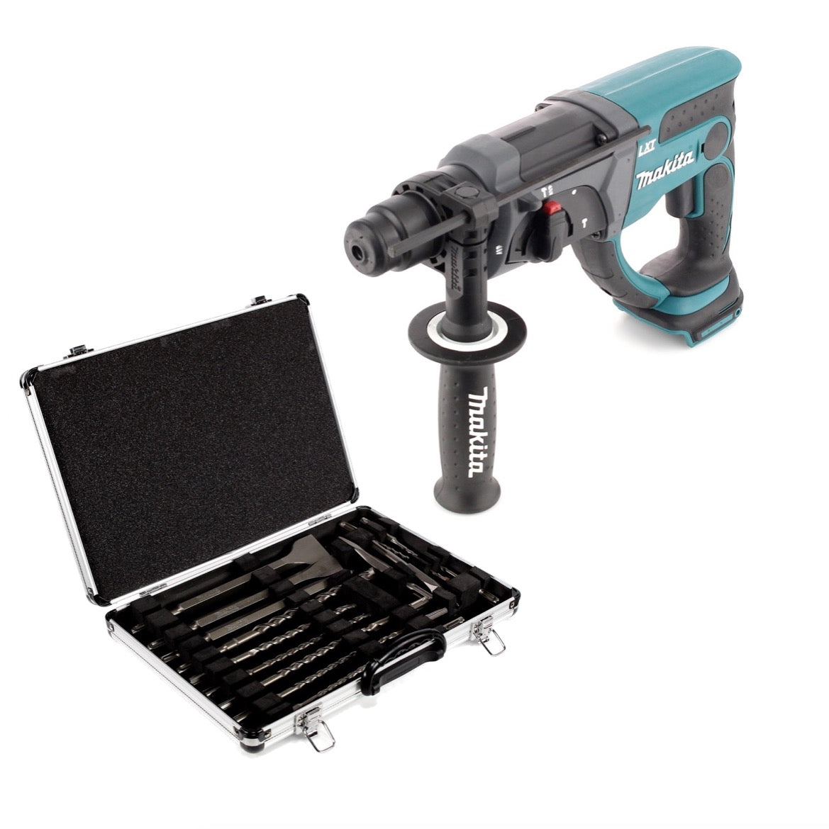 Martillo combinado inalámbrico Makita DHR 202 Z 18 V Li-Ion solo con SDS Plus + juego de brocas y cinceles D-42444 SDS-Plus 17 piezas en maletín de aluminio