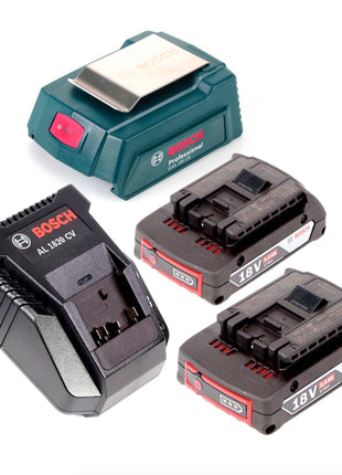 Bosch USB Power Set 18 V mit GAA Professional USB Adapter für 14,4 V / 18 V Akkus + 2x GBA 18V 2,0 Ah Li-Ion Einschub Akku + 1x Schnell Ladegerät AL 1820 CV - Toolbrothers