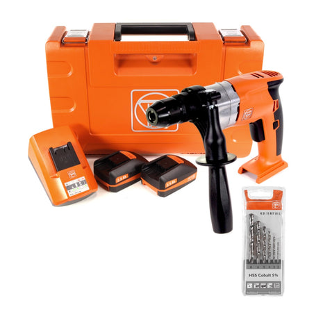 FEIN ABOP 10 C Brushless 18 V Li-Ion Akku Bohrmaschine mit Metallbohrfutter + 2 x 2,5 Ah Akku + Ladegerät im Koffer + HSS Spiralbohrer Set Cobalt 5% 2-8 mm 6-teilig - Toolbrothers