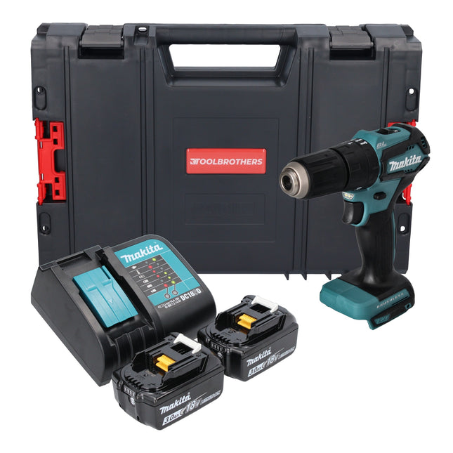 Taladro de percusión inalámbrico Makita DHP 483 SFJ-R 18V 40Nm + 2x batería recargable 3.0 Ah + cargador + RHINO