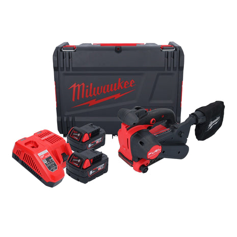 Milwaukee M18 FBTS75-502X akumulatorowa szlifierka taśmowa 18 V 75 x 457 mm bezszczotkowa + 2x akumulator 5,0 Ah + ładowarka + skrzynka HD