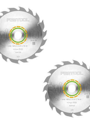 Hoja de sierra circular Festool HW 160x2,2x20 W18 WOOD STANDARD 2 piezas (2x 768129) 160 x 2,2 x 20 mm 18 dientes para todos los materiales de madera, madera maciza, placas de yeso