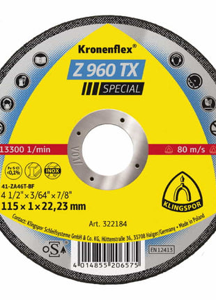 Disco de corte KLINGSPOR Z 960 TX D125x1mm recto (4000841022)