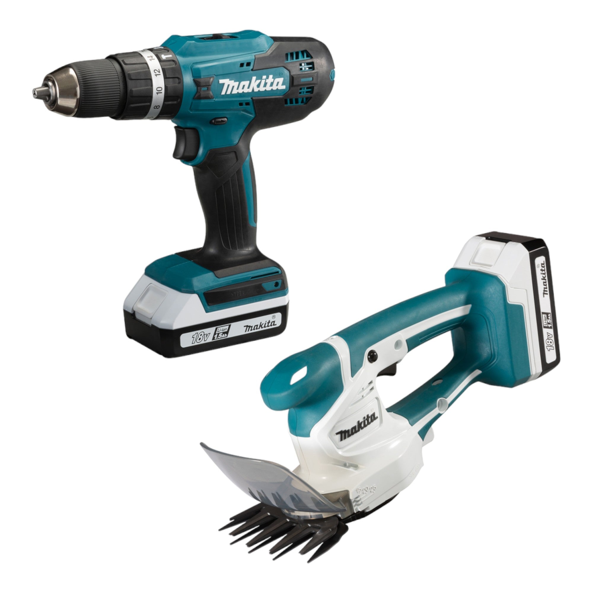 Makita DK18B56Y Spezial Set mit Schlagbohrschrauber HP488D und Grasschere UM110D 18 V G Serie 2x 1 5 Ah Akku Ladegeraet  1 - toolbrothers