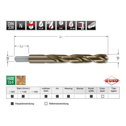 Broca helicoidal RUKO DIN 338 tipo N diámetro nominal 11,5 mm HSS-Co5 (4000600096)