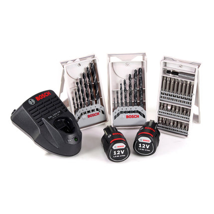 Bosch GSR 12V-15 Akku Bohrschrauber in Transporttasche + 2x 1,5 Ah Akkus + Ladegerät + 39 tlg. Zubehör Set ( 0615990GA9 ) - Toolbrothers