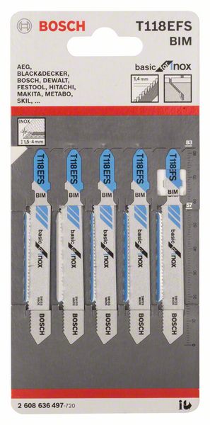 Hoja de sierra de calar BOSCH T 118 EFS Basic para Inox L.83mm paso entre dientes 1,4mm (4000837570)