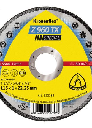 Disco de corte KLINGSPOR Z 960 TX D115x1mm recto (4000841021)