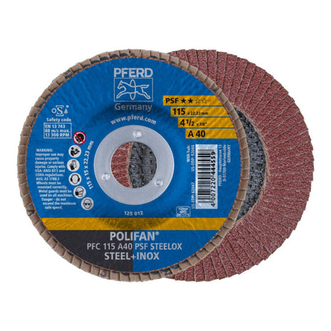 Arandela dentada PFERD POLIFAN A PSF STEELOX Ø 115 mm grano 40 cónica (4000842590)