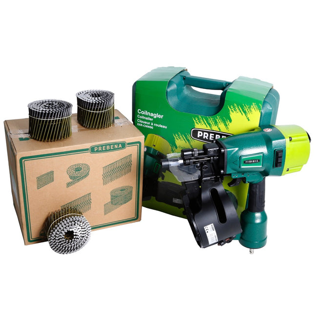 Prebena 8XR-CNW90 Coilnagler Druckluftnagler im Transportkoffer + Prebena CNW31/90BKRI Coilnägel Ringschaft 3600 Stück - Toolbrothers