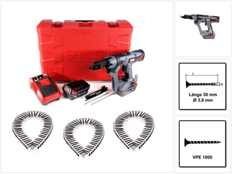 SENCO DS 5550 18V DuraSpin Magazin Schrauber ( 7W2001N ) mit 2x 3,0 Ah Akkus, Ladegerät und 1000x Grobgewinde Schrauben 3,9x30 - Toolbrothers