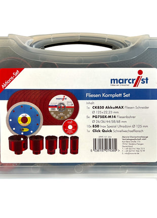 Marcrist Kit complet carrelage 125 mm + 1x coupe-carreau + 5x forets à carrelage + 10x disque à tronçonner inox + 1x bride de changement rapide ( 3999.101.354 ) + Coffret