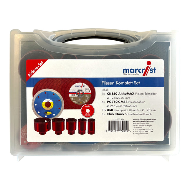 Marcrist juego completo para azulejos 125 mm + 1x cortador de azulejos + 5x brocas para azulejos + 10x disco de corte de acero inoxidable + 1x brida de cambio rápido ( 3999.101.354 ) + maletín