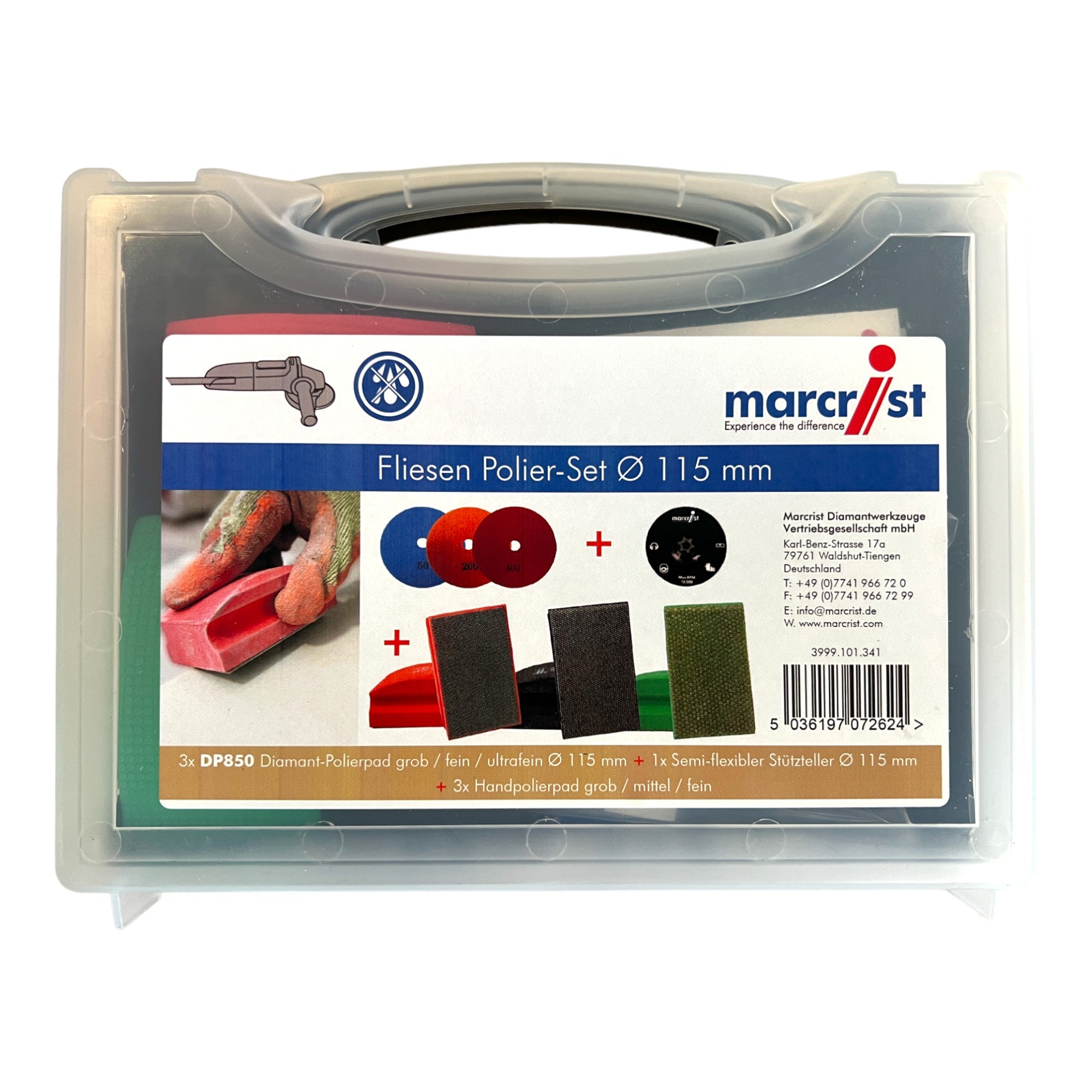 Marcrist Fliesen Polier Set 115mm 1x Klett Stuetzteller 3x Klett Diamantscheibe 3x Handpolier Pad 3999 101 341 Koffer 1 - toolbrothers