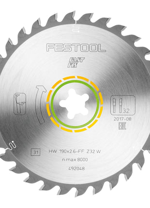 Festool HW 190x2,6 FF W32 piła tarczowa WOOD UNIVERSAL 2 szt. ( 2x 492048 ) 190 x 2,6 mm 32 zęby do wszystkich rodzajów drewna, materiałów drewnopochodnych, płyt budowlanych, płyt gipsowo-włóknowych, miękkich tworzyw sztucznych