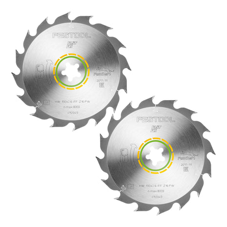 Hoja de sierra circular Festool HW 190x2,6 FF PW16 WOOD RIP CUT 2 piezas (2x 492049) 190 x 2,6 mm 16 dientes para cortes longitudinales en madera maciza siguiendo la veta