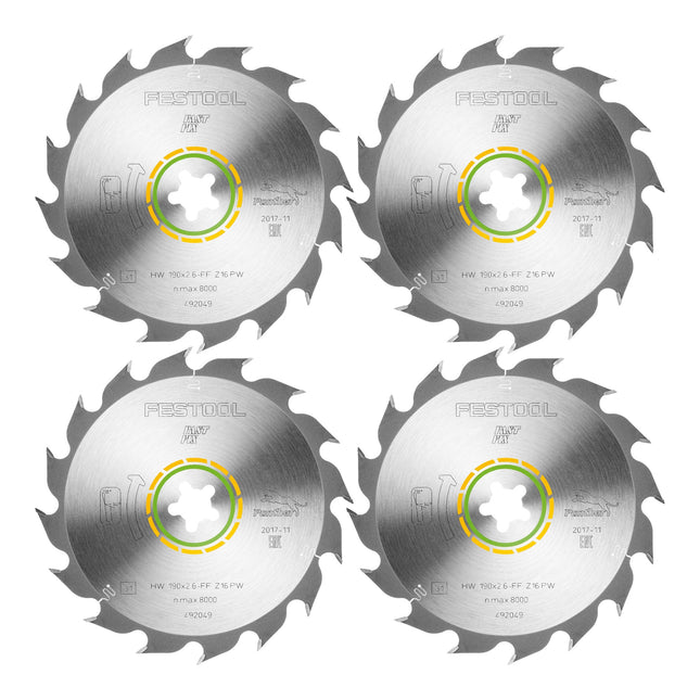 Festool HW 190x2,6 FF PW16 piła tarczowa WOOD RIP CUT 4 szt. ( 4x 492049 ) 190 x 2,6 mm 16 zębów do cięcia wzdłużnego drewna litego w kierunku słojów