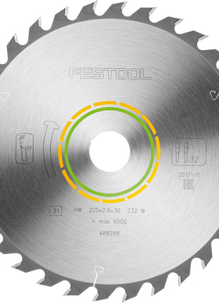 Hoja de sierra circular Festool HW 225x2,6x30 W32 MADERA UNIVERSAL (488288) para CS 70