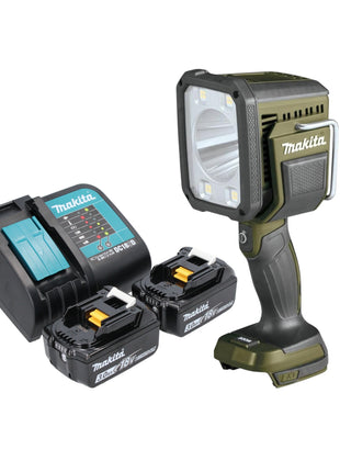 Makita DML 812 SF Foco manual a batería 18 V 1250 lm LED verde oliva edición especial aventura al aire libre + 2x baterías 3,0 Ah + cargador