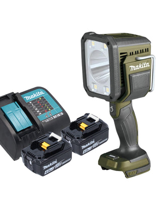 Makita DML 812 SM foco manual a batería 18 V 1250 lm LED verde oliva edición especial aventura al aire libre + 2x baterías 4,0 Ah + cargador