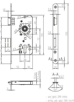 Cerradura de embutir para puerta de habitación SSF PZW 20/55/72/8 mm DIN izquierda (3000251014)