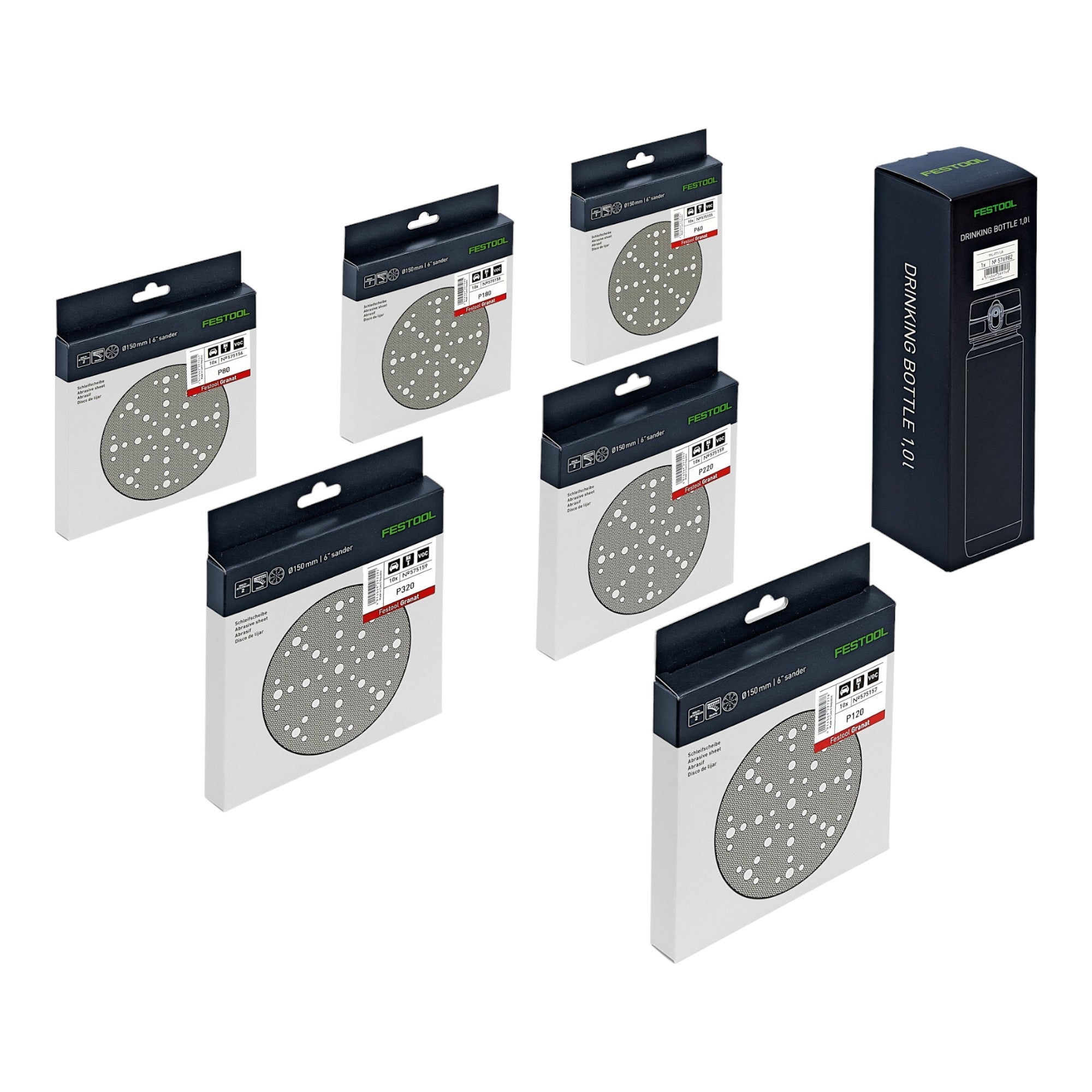 Festool STF D150 48 GR Set P 60 tlg Schleifscheiben Set P60 P320 Granat 150 mm Trinkflasche 578131  0 - toolbrothers