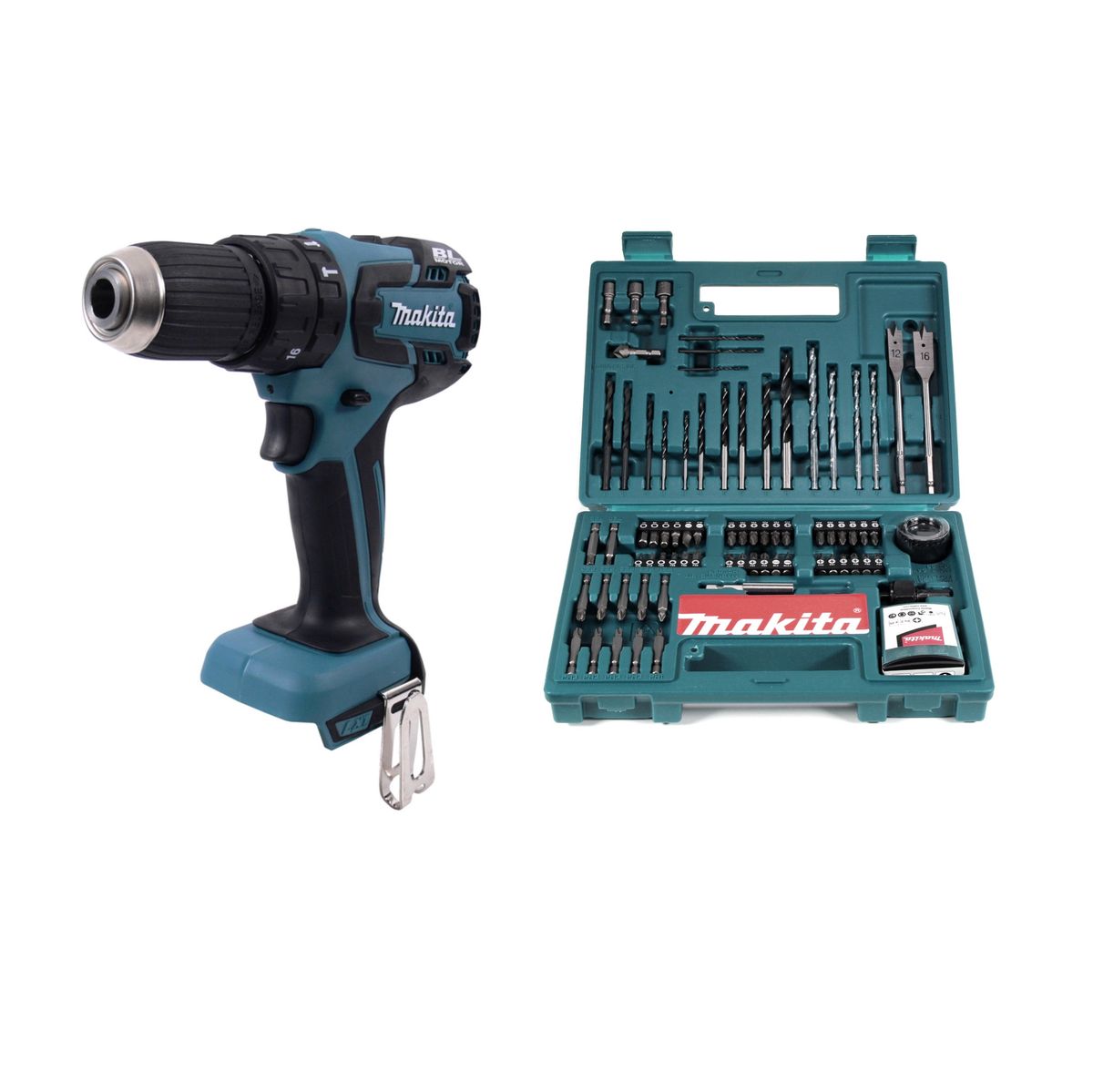 Taladro percutor inalámbrico Makita DHP 459 Z 18V 45 Nm sin escobillas Solo + juego de broca y broca Makita B-53811 100 piezas