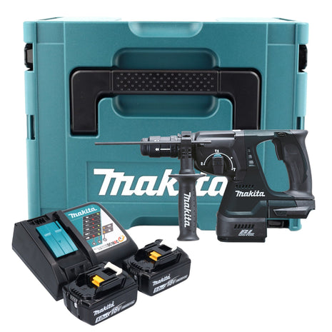 Makita DHR 243 RTJ B martillo combinado a batería 18 V 2.0 J SDS-Plus negro + 2x baterías 5.0 Ah + cargador + portabrocas de cambio rápido + Makpac