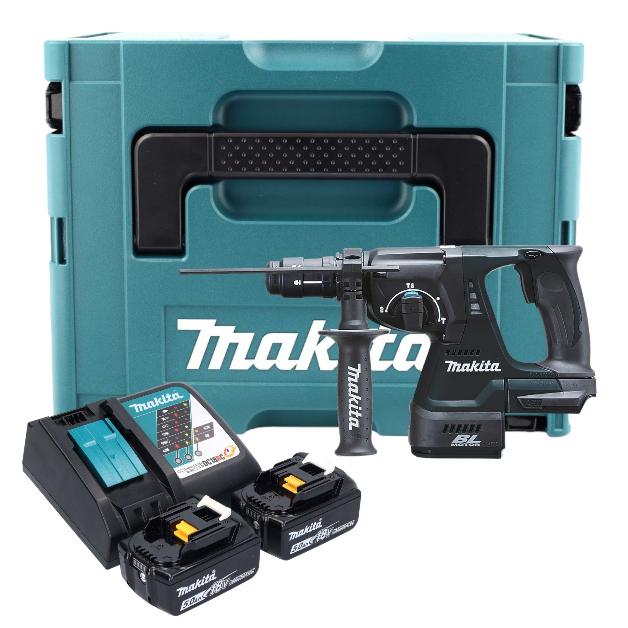 Makita DHR 243 RTJ B Akku Kombihammer 18 V 2 0 J SDS Plus schwarz 2x Akku 5 0 Ah Ladegeraet Schnellwechselfutter Makpac 0 - toolbrothers