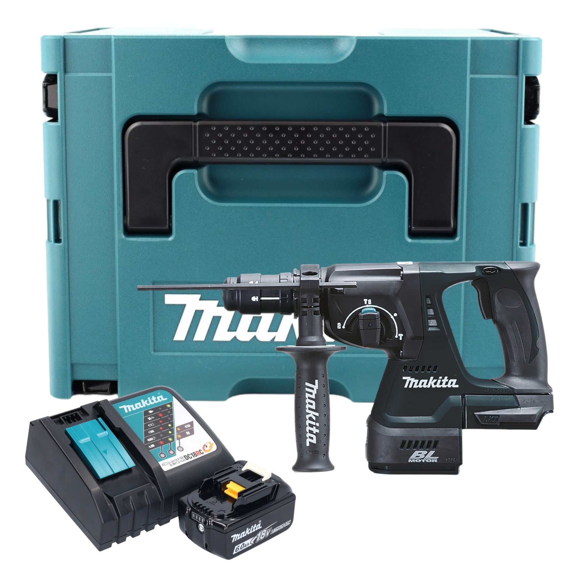Makita DHR 243 RG1J B Akku Kombihammer 18 V 2 0 J SDS Plus schwarz 1x Akku 6 0 Ah Ladegeraet Schnellwechselfutter Makpac 0 - toolbrothers
