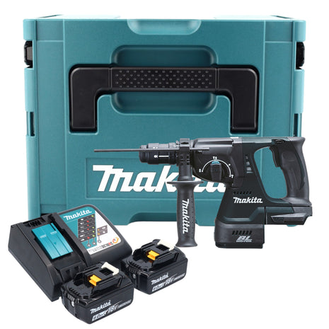 Makita DHR 243 RGJ B martillo combinado a batería 18 V 2.0 J SDS-Plus negro + 2x baterías 6.0 Ah + cargador + portabrocas de cambio rápido + Makpac