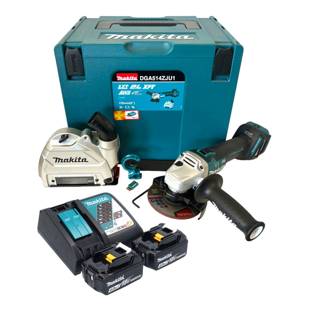 Amoladora angular sin cable Makita DGA 514 RMJU1 18 V 125 mm sin escobillas + 2x batería 4,0 Ah + cargador + Makpac