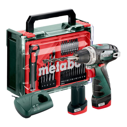 Metabo Powermaxx BS Basic Set taladro atornillador a batería 12 V 34 Nm ( 600080710 ) + 2x batería recargable 2,0 Ah + cargador + juego de 41 accesorios + maletín