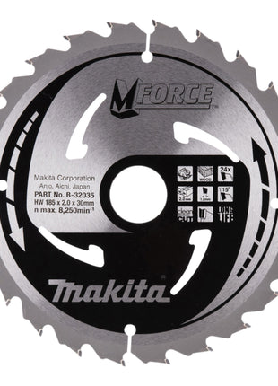 Hoja de sierra circular Makita M-FORCE 185 x 30 x 2,0 mm 24 dientes (B-32035) para madera