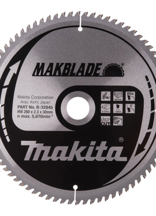 Hoja de sierra circular Makita MAKBLADE 260 x 30 x 2,3 mm 80 dientes (B-32845) para madera