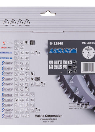 Hoja de sierra circular Makita MAKBLADE 260 x 30 x 2,3 mm 80 dientes (B-32845) para madera