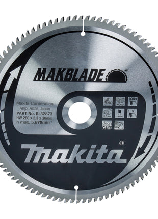 Hoja de sierra circular Makita MAKBLADE 260 x 30 x 2,3 mm 100 dientes (B-32873) para madera