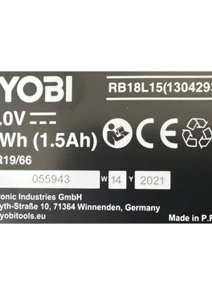 Ryobi RB18L15 Akku 18 V 1,5 Ah / 1500 mAh Li-Ion ONE+ ( 5133001905 ) mit Ladestandanzeige