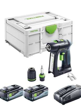 Taladro atornillador a batería Festool C 18 Basic 18 V 45 Nm sin escobillas + 2 baterías 8,0 Ah + cargador rápido + systainer