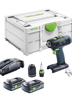 Festool T 18+3 Basic taladro atornillador a batería 18 V 50 Nm sin escobillas + 2 baterías 4,0 Ah + cargador rápido + systainer