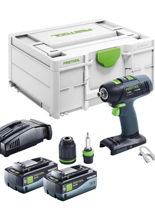 Akumulatorowa wiertarko-wkrętarka Festool T 18+3 Basic 18 V 50 Nm bezszczotkowa + 2x akumulator 8,0 Ah + szybka ładowarka + systainer