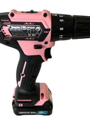 Makita HP 333 DSAP1 taladro percutor inalámbrico 12 V 30 Nm rosa + 1x batería 2,0 Ah + cargador + bolsa