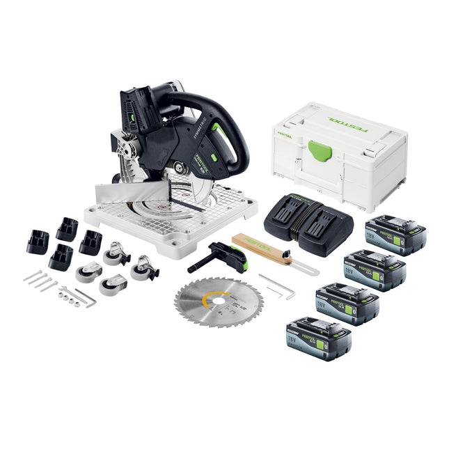 Festool SYMC 70 EB-Basic SYMMETRIC cordless moulding saw 36 V ( 2 x 18 V ) 216 mm + 4x battery 8.0 Ah + double charger + Systainer
